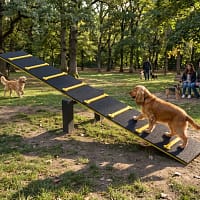 bascule freetness agility_3 cocker sur une bascule d'agilité dans un parc arboré