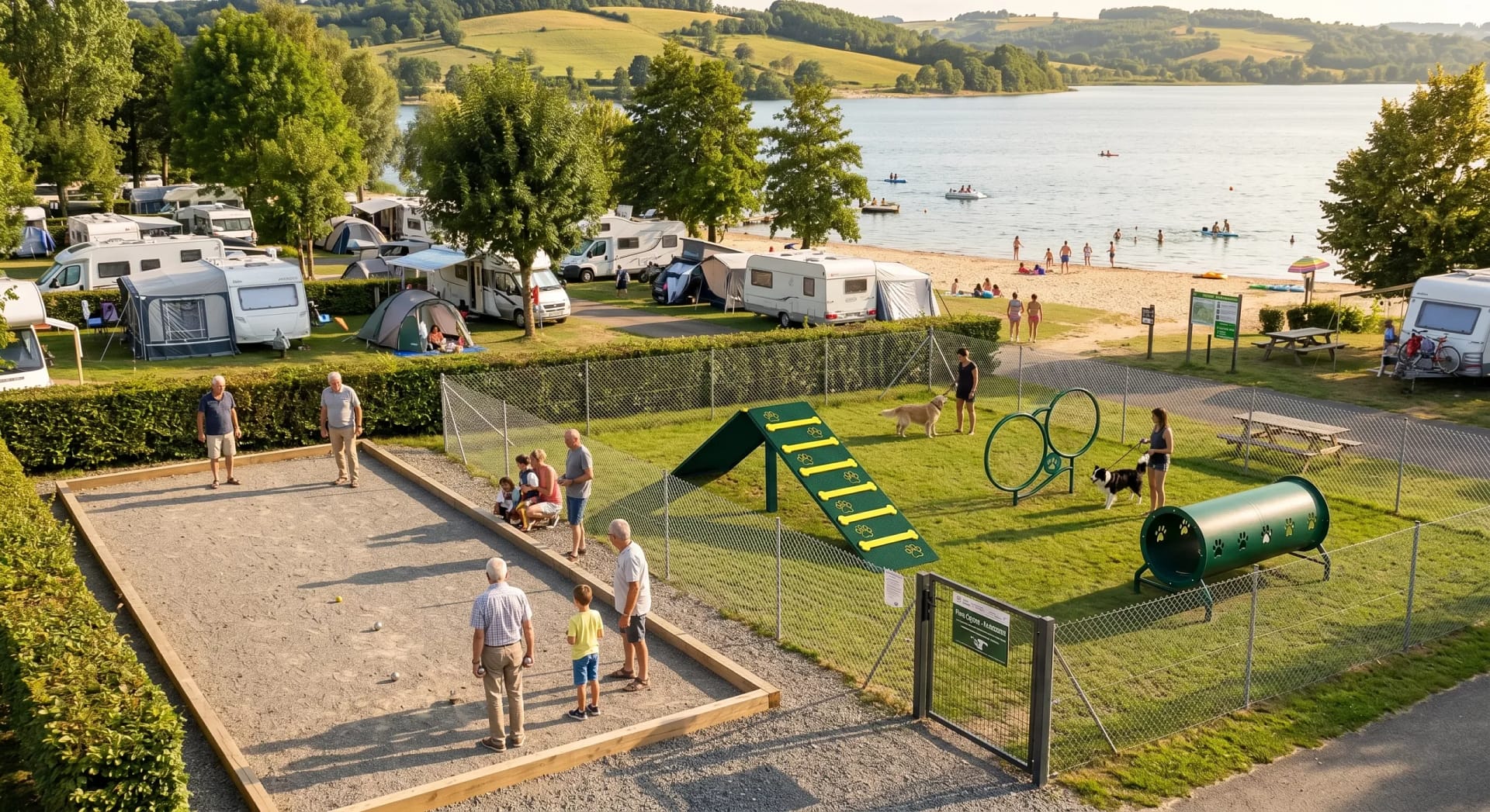 espace agility dans un camping au bord d'un lac
