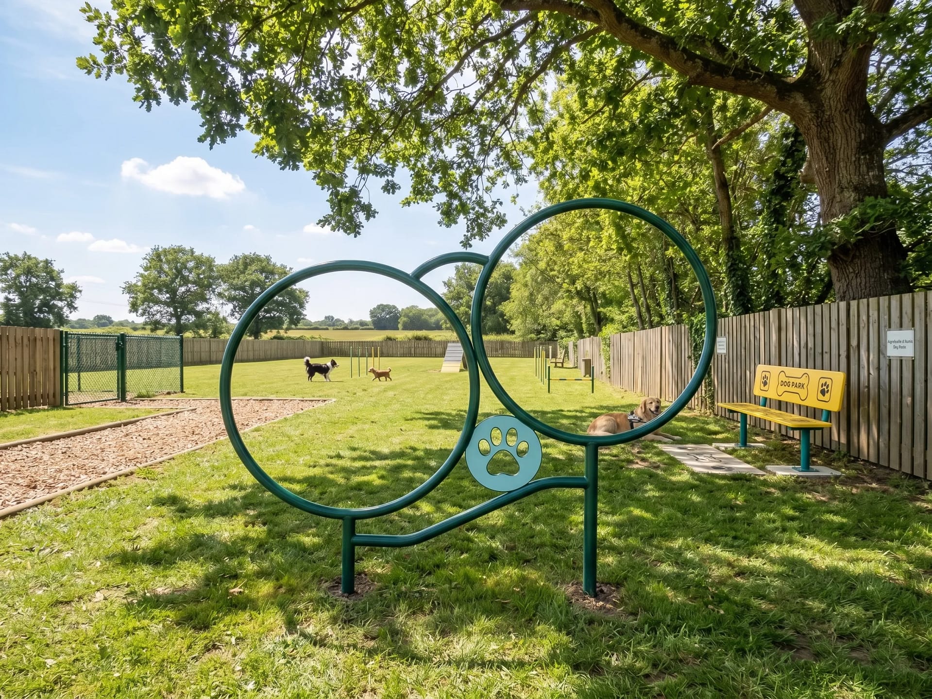 cerceau double freetness agility dans un espace canin avec un banc