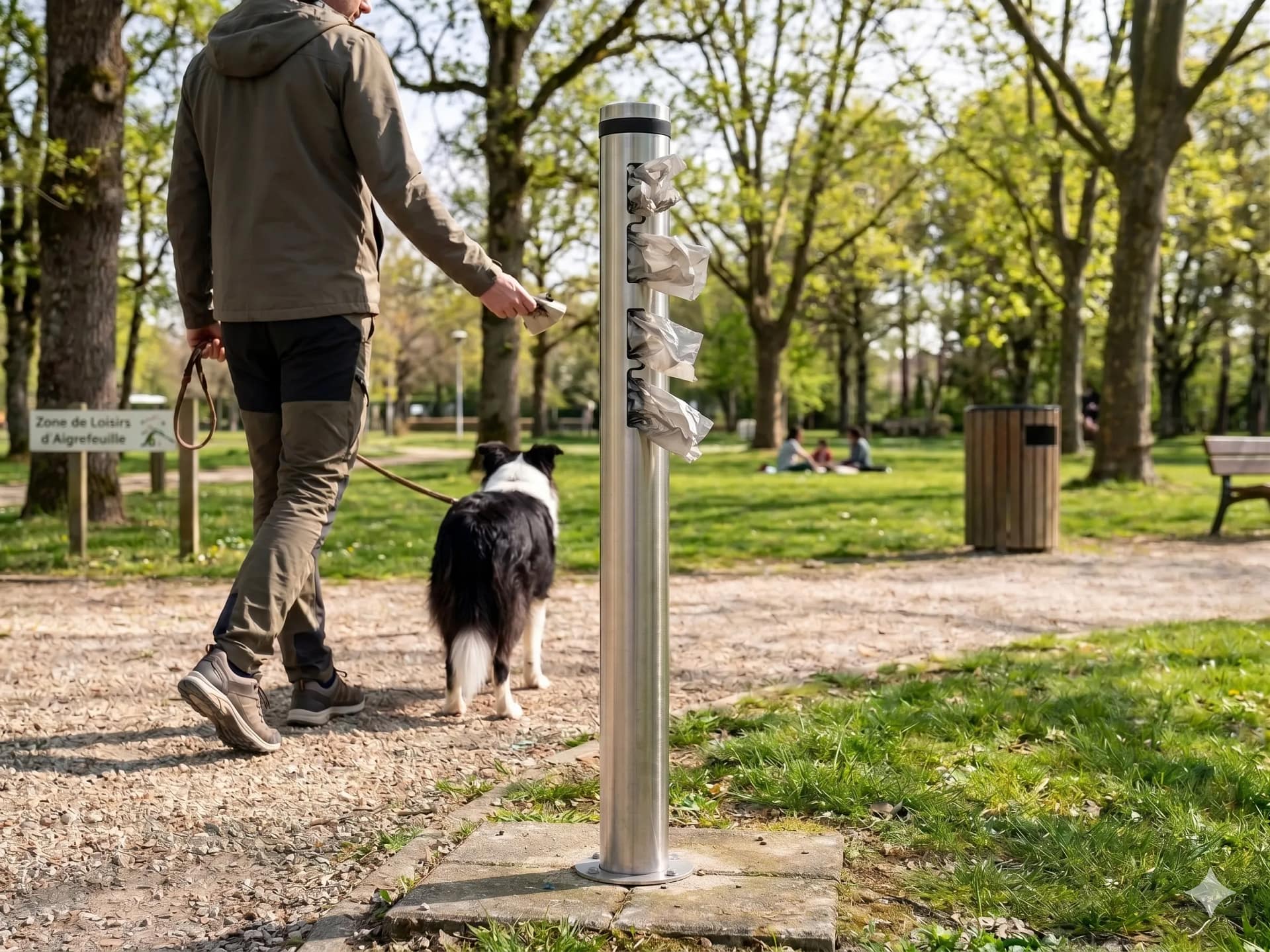 distributeur de sac à déjections canines dans un parc végétalisé