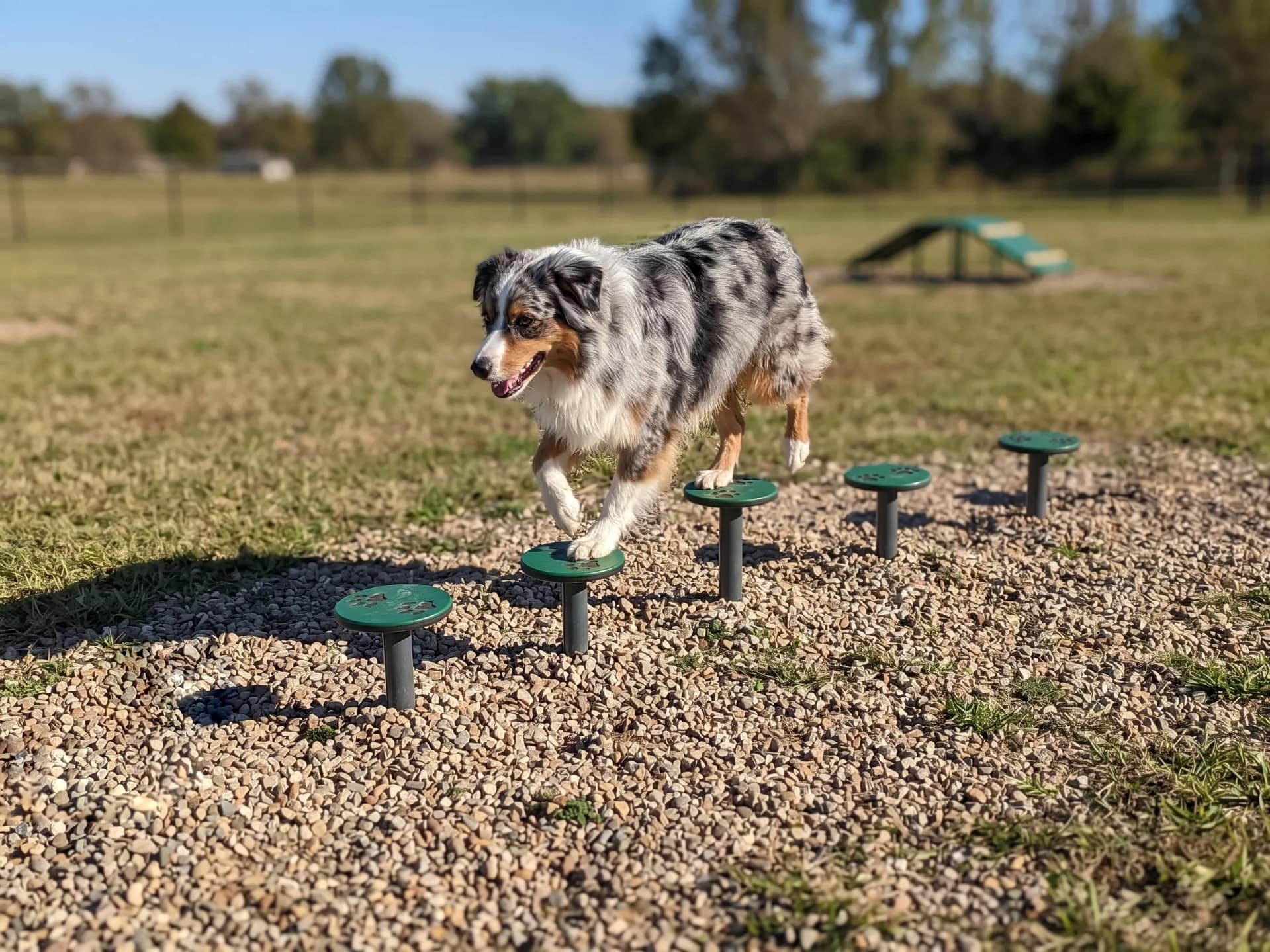 berger australien sur agrès jump line d'agility dans un parc canin