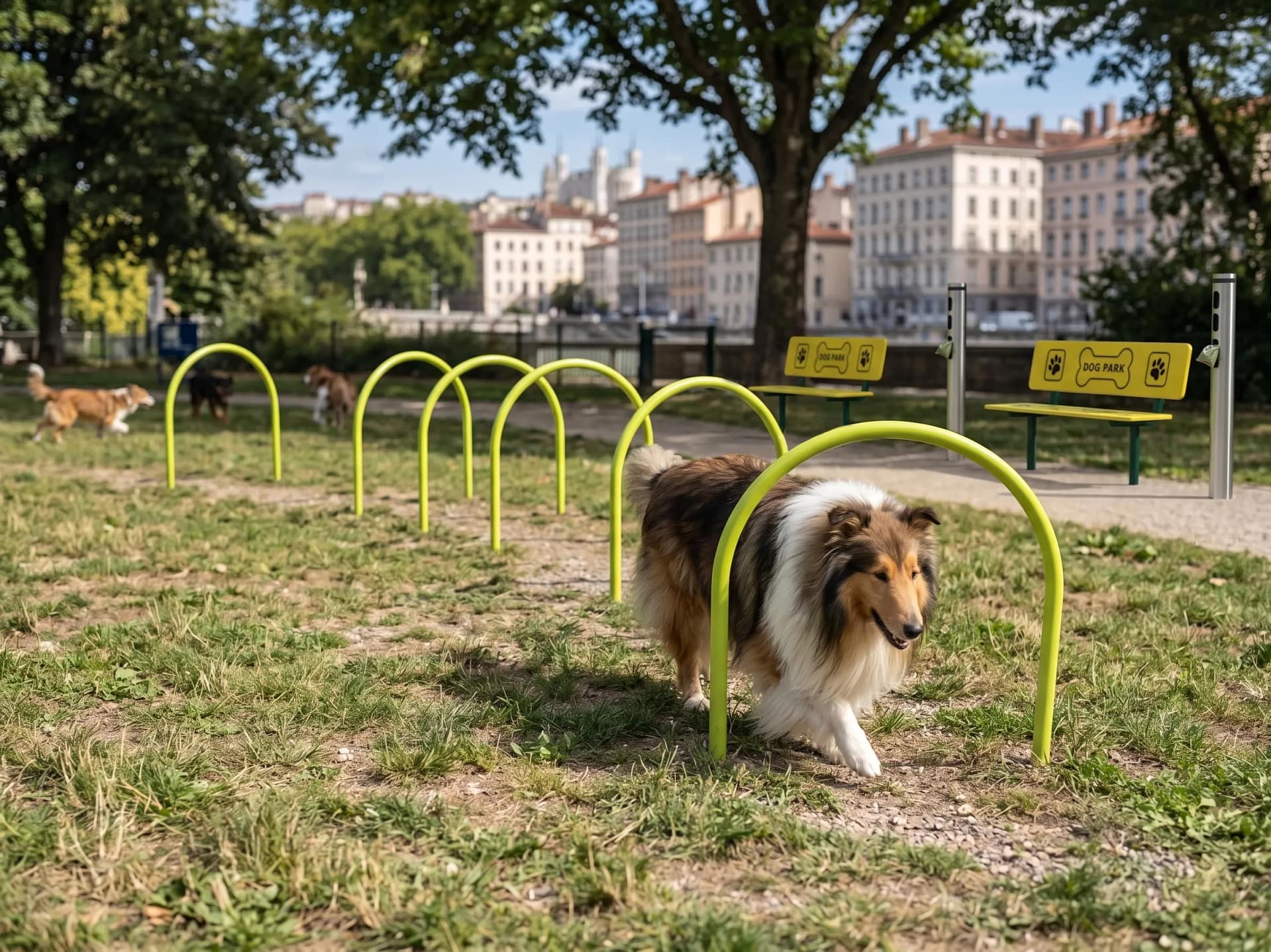 colley qui marche dans un tunnel arceaux d'agility de parc canin urbain