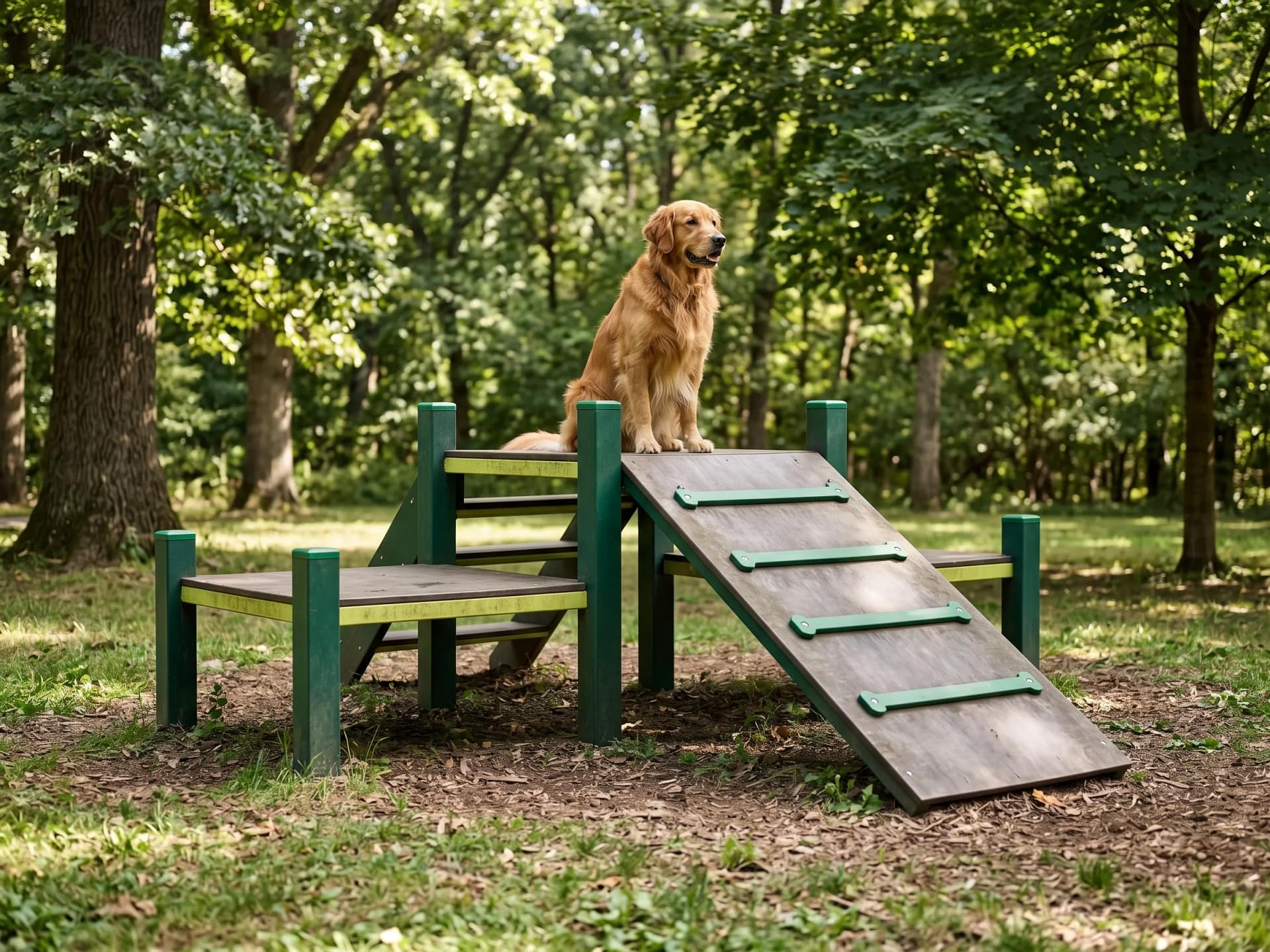 golden assis sur un parcours d'agility compact dans un parc arboré
