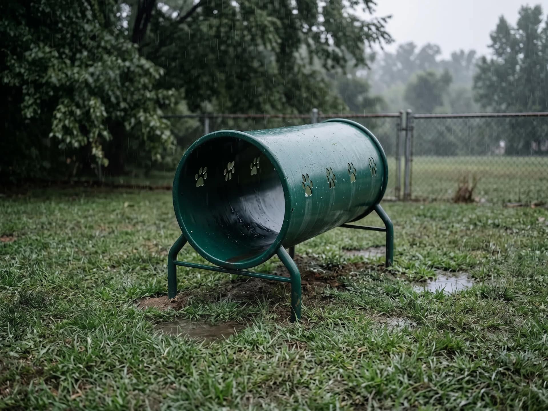 mini tunnel d'agility canine sous la pluie