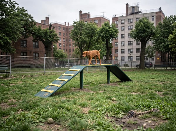 arche freetness agility 2 arche passerelle d'équilibre freetness dans un caniparc urbain avec chien dessus