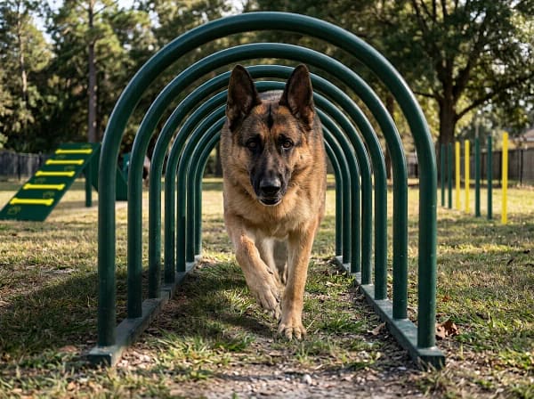 tunnel ouvert freetness agility 4 berger allemand dans le tunnel ouvert freetness agility sur parc canin extérieur