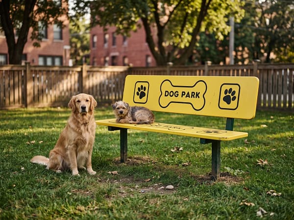 banc freetness agility 2 chiens autour d'un banc dans un caniparc public cloisonné en ville