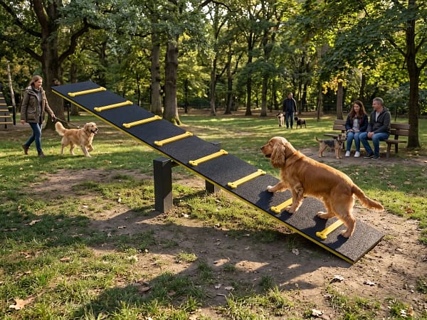 bascule freetness agility_3 cocker sur une bascule d'agilité dans un parc arboré