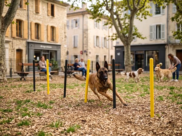 slalom freetness agility_6 malinois faisant du slalom dans un parc canin de centre ville