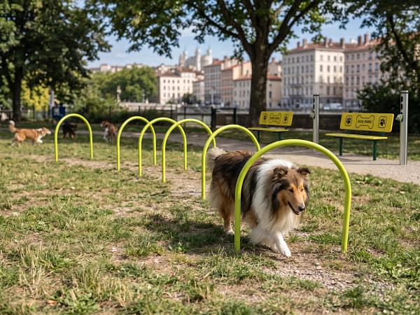 tunnel arceaux freetness agility_9 colley qui marche dans un tunnel arceaux d'agility de parc canin urbain