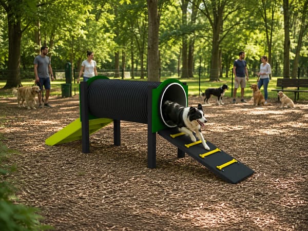 tunnel freetness agility_10 border collie traversant un tunnel d'agility dans un parc arboré