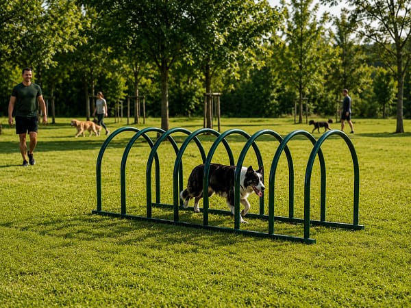 tunnel ouvert freetness agility_12 border collie dans tunnel semi-ouvert de dressage au coeur d'un espace vert