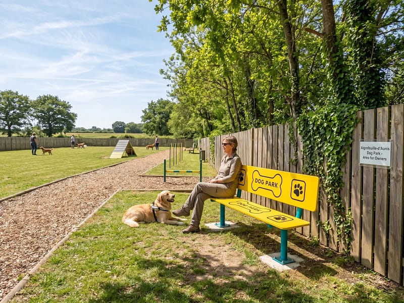 femme et son chien sur un banc dans un parc canin Freetness agility